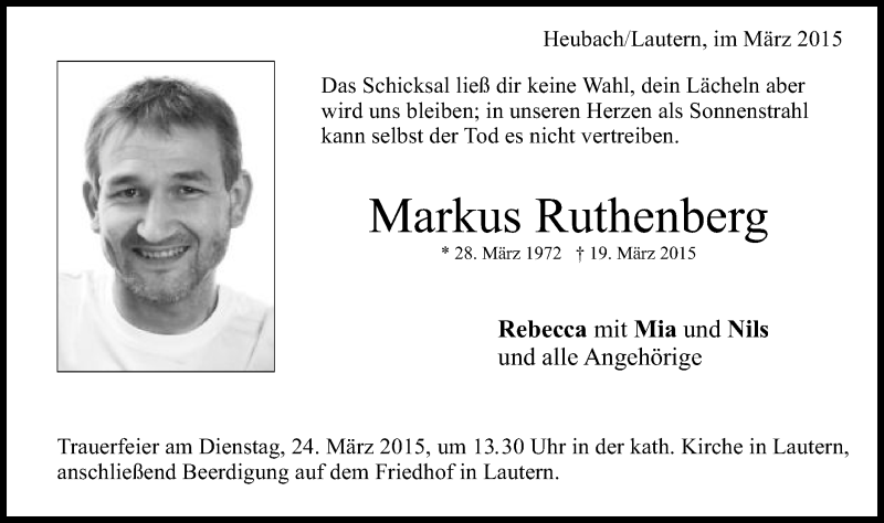  Traueranzeige für Markus Ruthenberg vom 21.03.2015 aus Gmünder Tagespost