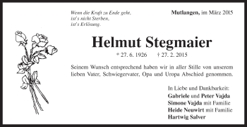 Traueranzeige von Helmut Stegmaier von Gmünder Tagespost