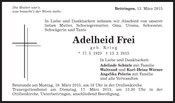 Traueranzeige von Adelheid Frei von Gmünder Tagespost