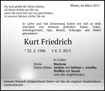 Traueranzeige von Kurt Friedrich von Schwäbische Post
