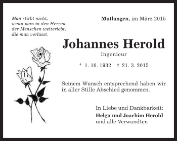 Traueranzeige von Johannes Herold von Gmünder Tagespost