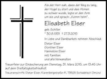 Traueranzeige von Elisabeth Elser von Gmünder Tagespost