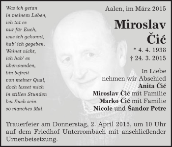 Traueranzeige von Miroslav Cic von Schwäbische Post