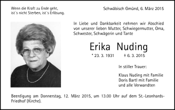 Traueranzeige von Erika Nuding von Gmünder Tagespost