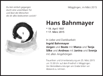 Traueranzeige von Hans Bahnmayer von Gmünder Tagespost