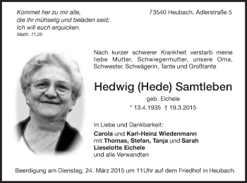 Traueranzeige von Hedwig  Samtleben von Gmünder Tagespost