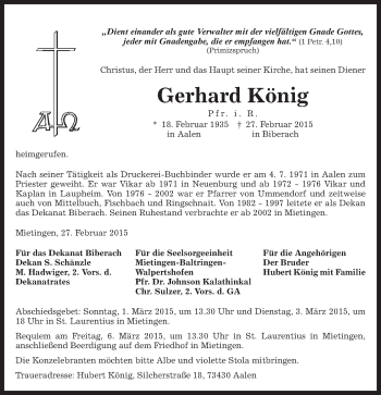 Traueranzeige von Gerhard König von Schwäbische Post
