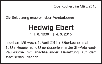 Traueranzeige von Hedwig Ebert von Schwäbische Post