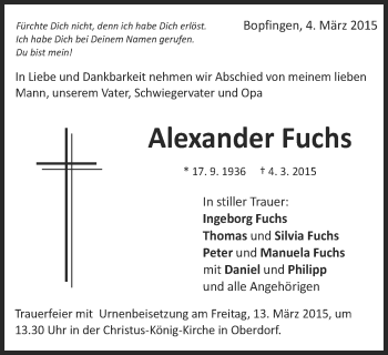 Traueranzeige von Alexander Fuchs von Schwäbische Post
