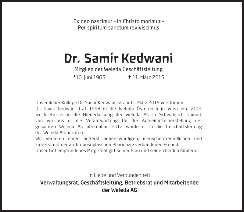  Traueranzeige für Samir Kedwani vom 14.03.2015 aus Gmünder Tagespost