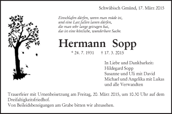Traueranzeige von Hermann Sopp von Gmünder Tagespost