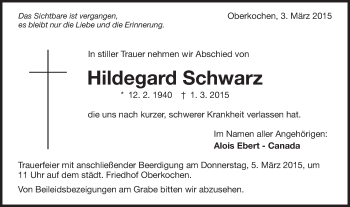 Traueranzeige von Hildegard Schwarz von Schwäbische Post
