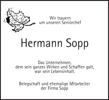Traueranzeige von Hermann Sopp von Gmünder Tagespost