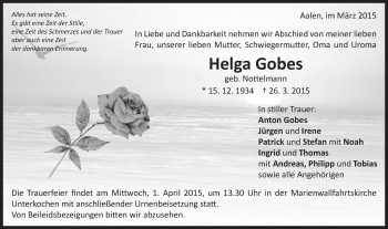 Traueranzeige von Helga Gobes von Schwäbische Post