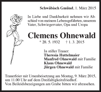 Traueranzeige von Clemens Ohnewald von Gmünder Tagespost
