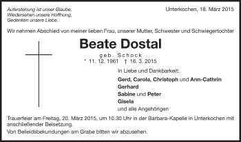 Traueranzeige von Beate Dostal von Schwäbische Post