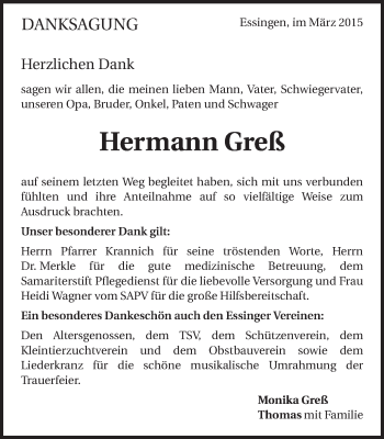 Traueranzeige von Hermann Greß von Schwäbische Post