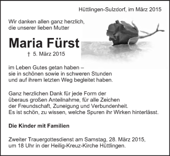 Traueranzeige von Maria Fürst von Schwäbische Post
