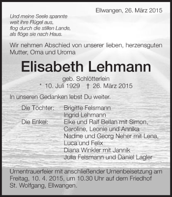 Traueranzeige von Elisabeth Lehmann von Schwäbische Post