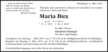 Traueranzeige von Maria Bux von Schwäbische Post