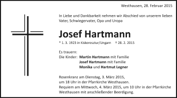 Traueranzeige von Josef Hartmann von Schwäbische Post