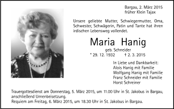 Traueranzeige von Maria Hanig von Gmünder Tagespost
