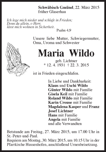 Traueranzeige von Maria Wildo von Gmünder Tagespost