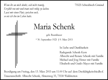 Traueranzeige von Maria Schenk von Gmünder Tagespost