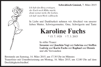 Traueranzeige von Karoline Fuchs von Gmünder Tagespost