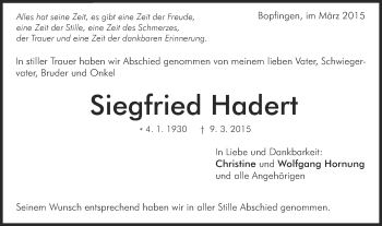 Traueranzeige von Siegfried Hadert von Schwäbische Post