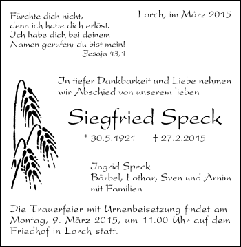 Traueranzeige von Siegfried Speck von Gmünder Tagespost