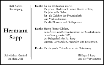 Traueranzeige von Hermann Sopp von Gmünder Tagespost