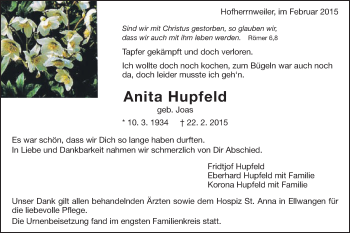 Traueranzeige von Anita Hupfeld von Schwäbische Post