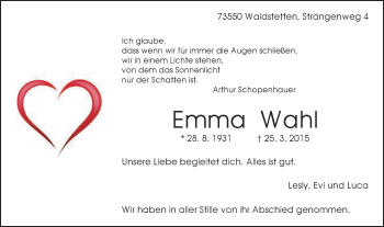 Traueranzeige von Emma Wahl von Gmünder Tagespost