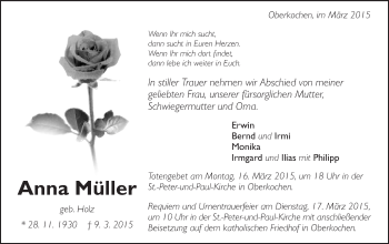 Traueranzeige von Anna Müller von Schwäbische Post