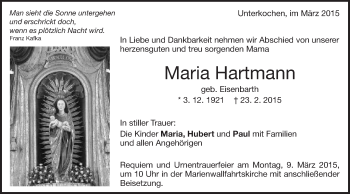 Traueranzeige von Maria Hartmann von Schwäbische Post