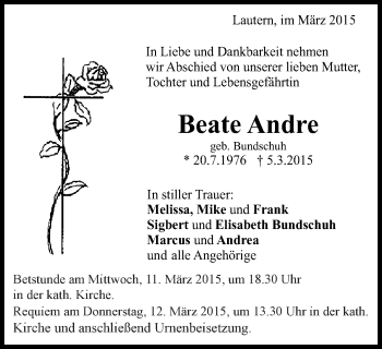 Traueranzeige von Beate Andre von Gmünder Tagespost