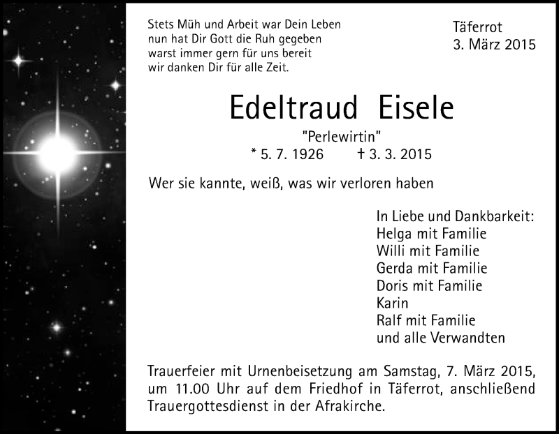  Traueranzeige für Edeltraud Eisele vom 04.03.2015 aus Gmünder Tagespost