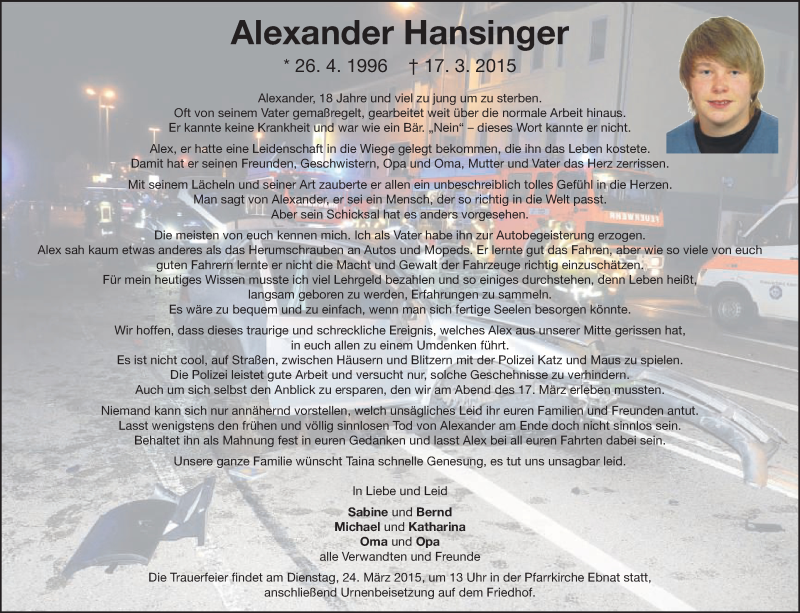  Traueranzeige für Alexander Hansinger vom 21.03.2015 aus Schwäbische Post