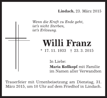 Traueranzeige von Willi Franz von Gmünder Tagespost