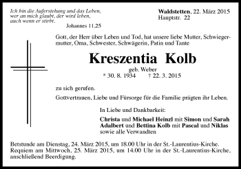 Traueranzeige von Kreszentia Kolb von Gmünder Tagespost