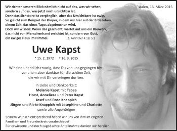 Traueranzeige von Uwe Kapst von Schwäbische Post