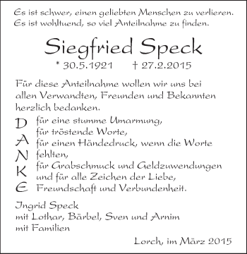 Traueranzeige von Siegfried Speck von Gmünder Tagespost