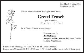 Traueranzeige von Gretel Frosch von Gmünder Tagespost