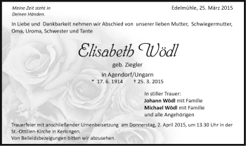 Traueranzeige von Elisabeth Wödl von Schwäbische Post