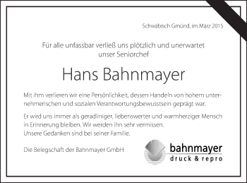 Traueranzeige von Hans Bahnmayer von Gmünder Tagespost
