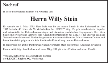 Traueranzeige von Willy Stein  von Gmünder Tagespost