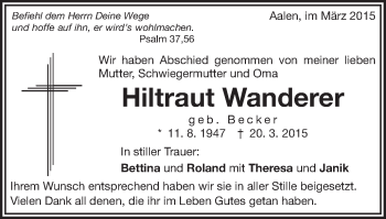 Traueranzeige von Hiltraut Wanderer von Schwäbische Post