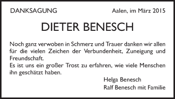 Traueranzeige von Dieter Benesch von Schwäbische Post