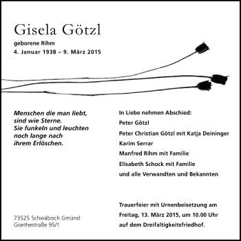 Traueranzeige von Gisela Götzl von Gmünder Tagespost